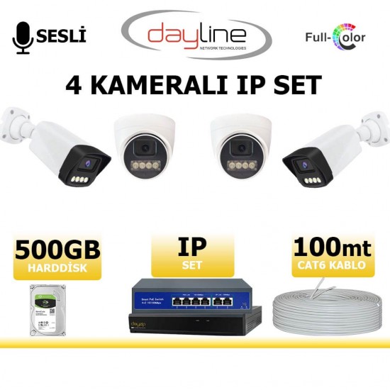 Dayline 5MP 4 kamerali IP kamera seti gece renkli sesli PoE sistem bullet dome